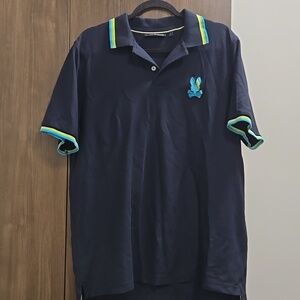 Psycho Bunny-Men's Navy Apple Valley Pique Tipped Logo Polo Shirt-Size 7 (XL)